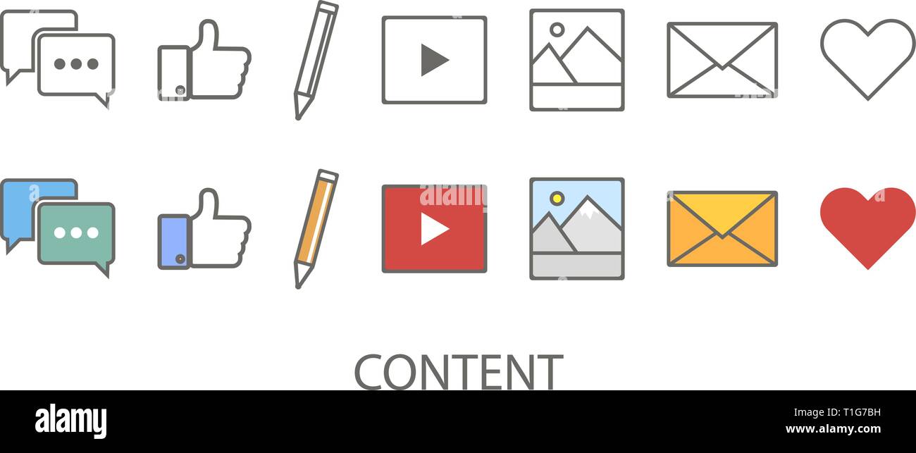 Inhalt gesetzt. Marketing Symbol. Symbol Inhalt in Flach- und linearen Stil. Vector Illustration Stock Vektor