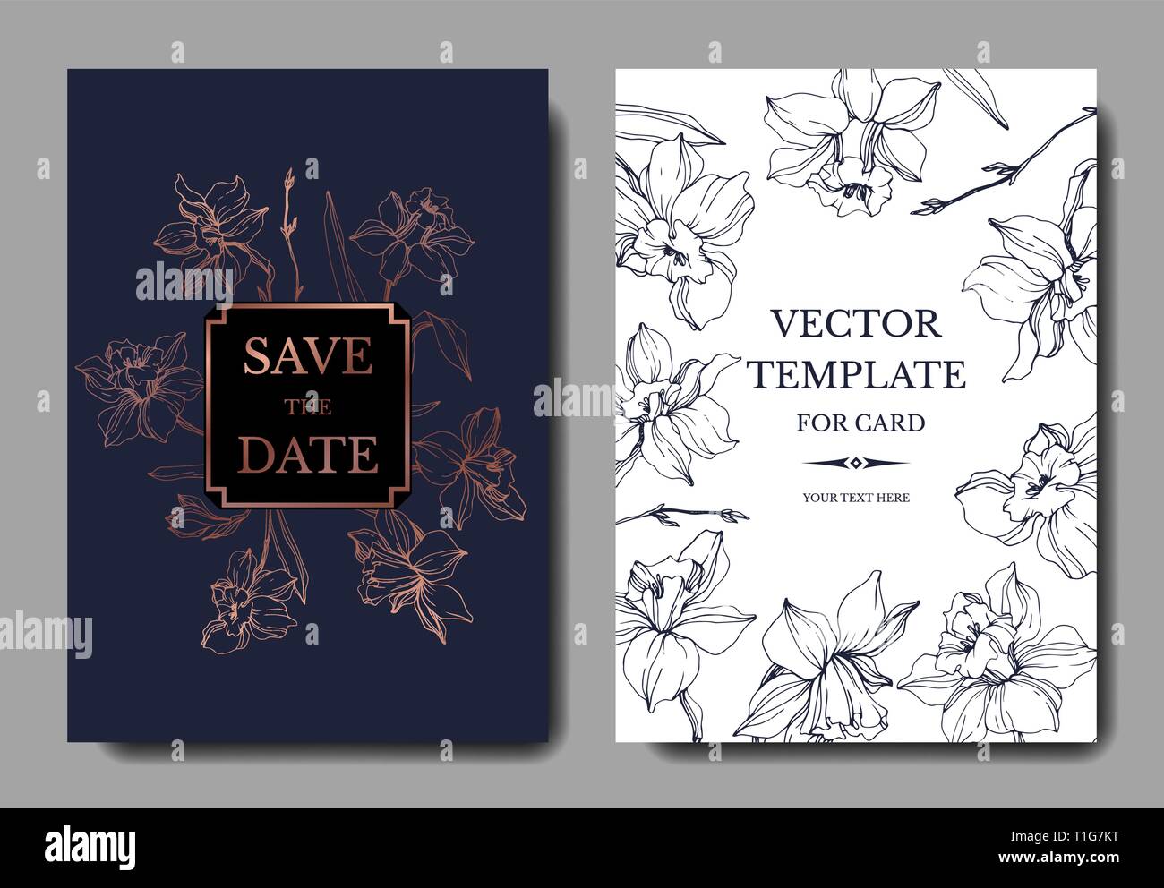 Vektor Narzissen Blumen botanischen Blume. Wild Federblatt isoliert. Blau und Weiß eingraviert Tinte Art Hochzeit hintergrund Karte Blumen dekorativer Bordüre Stock Vektor