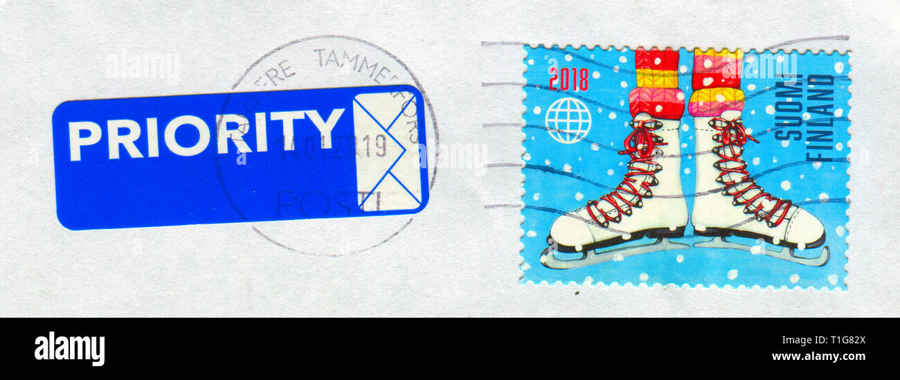 GOMEL, BELARUS, 23. MÄRZ 2019, Stempel gedruckt in Finnland zeigt ein Bild der Eiskunstlauf, circa 2019. Stockfoto