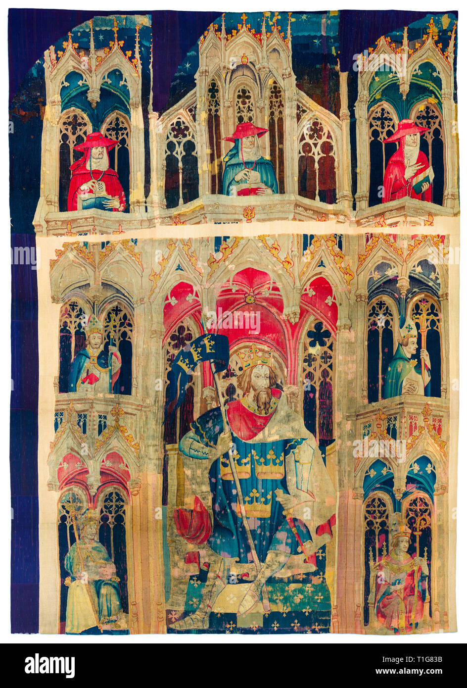 König Arthur und zwei Begleiter, Wandteppich (aus den Wandteppichen der neun Helden), um 1400 Stockfoto
