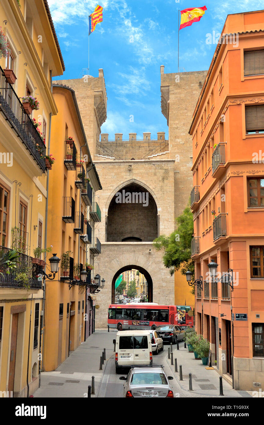 Valencia, Spanien - Juni 8, 2018: die Türme von Quart (Torres de Quart) Teil der alten Stadtmauer von Valencia. Stockfoto