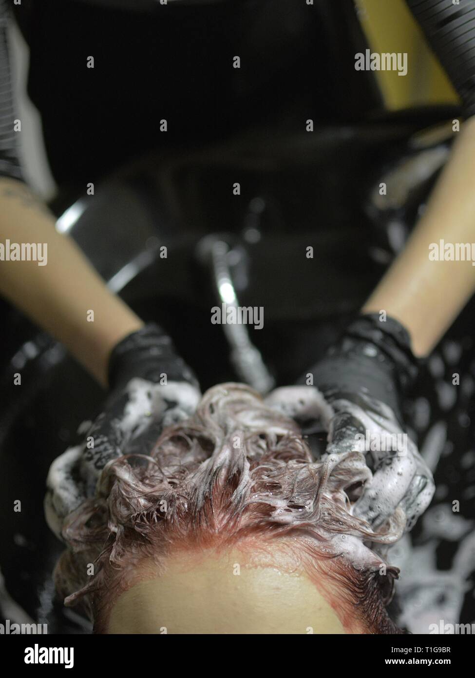 Friseur wäscht Haare nach dem Färben Stockfoto