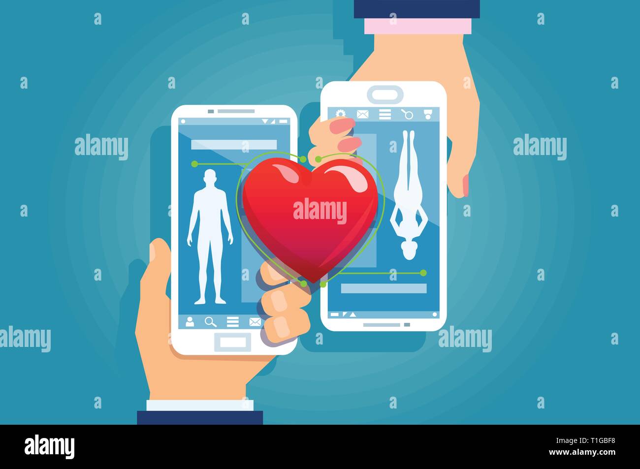 On-line-Konzept. Vektor eines männlichen und weiblichen Hände halten Smartphones ihre social media mobile App Profile matching mit roten gehört anschließen Stock Vektor