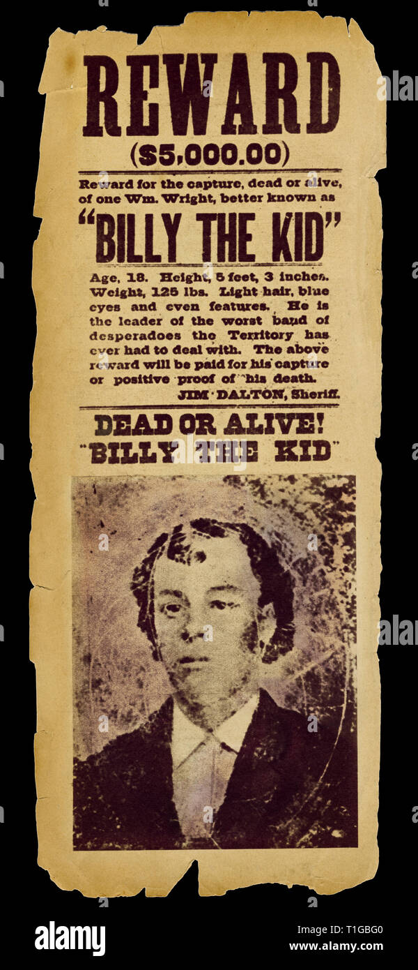 Outlaw Billy the Kid wollte und das Plakat zu belohnen. (Geb. Henry McCarty 17. September oder November 23, 1859 - Juli 14, 1881, auch als William H. Bonney bekannt) war ein US-amerikanischer Old West Outlaw und Revolverheld, die acht Männer getötet, bevor er erschossen wurde und im Alter von 21 Jahren getötet. Er nahm teil in New Mexico Lincoln County war, während der er angeblich drei Morde begangen. Circa 1880 Datei Referenz Nr. 1003 744 THA Stockfoto