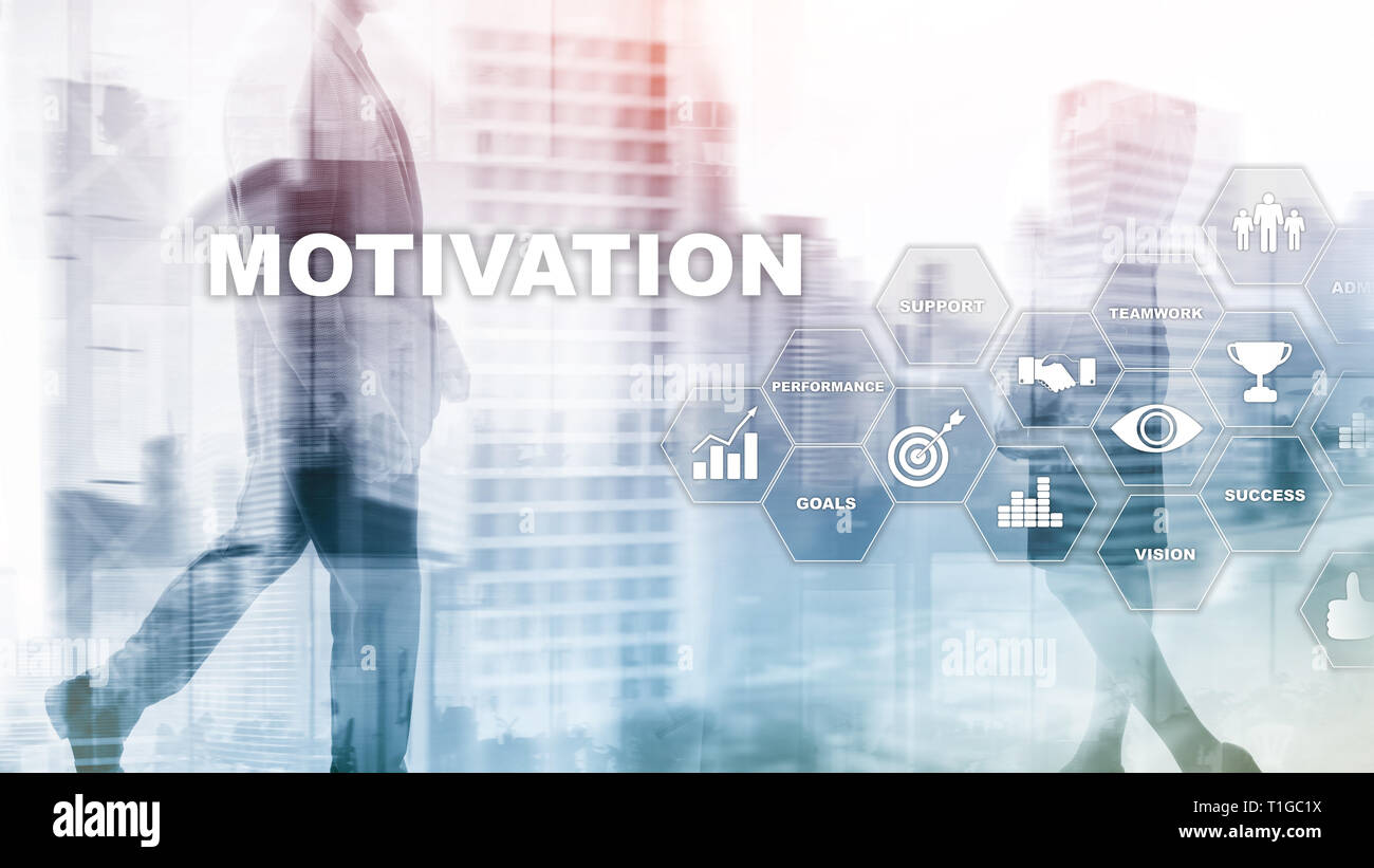 Motivation Konzept mit den Elementen. Business Team. Finanzkonzept auf verschwommenen Hintergrund. Mixed Media. Stockfoto