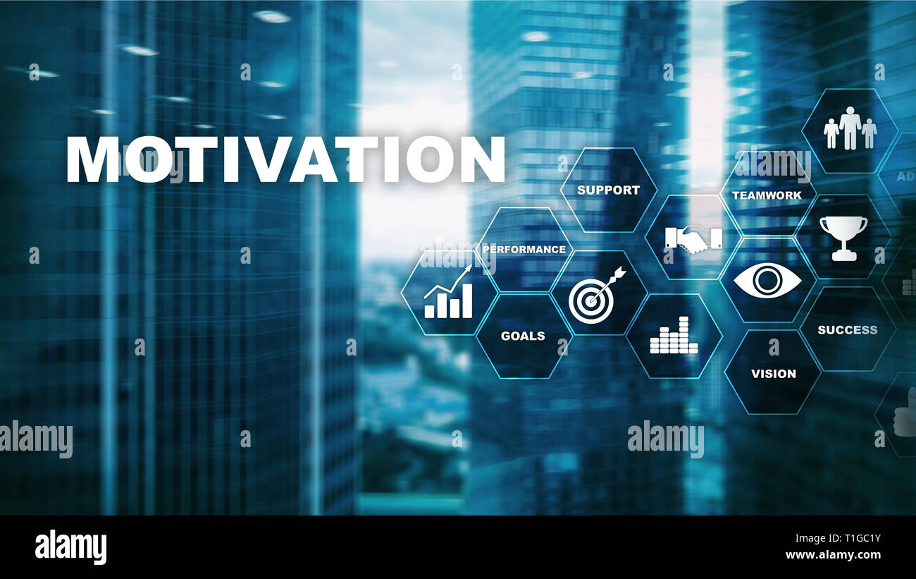 Motivation Konzept mit den Elementen. Business Team. Finanzkonzept auf verschwommenen Hintergrund. Mixed Media. Stockfoto