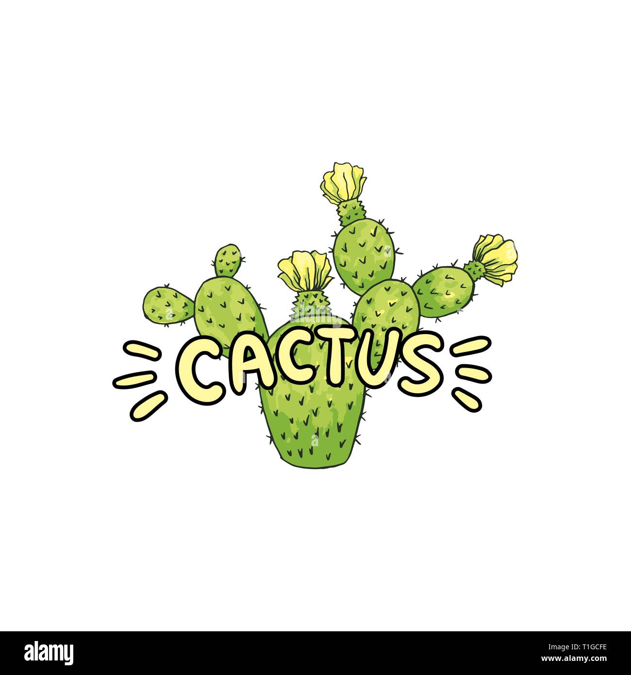 Cactus Schriftzug mit grünen Buchstaben, Kakteen Saguaro und rotem Pfeffer. Isolierte Logo Vektor Design Element für das Branding Stock Vektor
