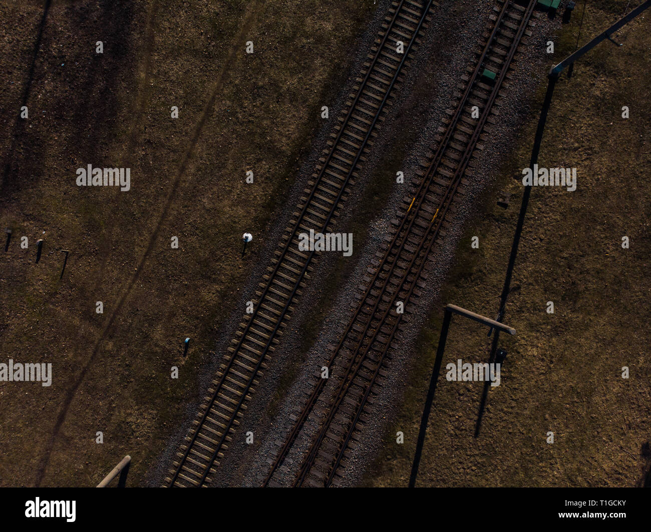 Top Luftaufnahme von einigen railraod Titel - Textur isoliert Schoß der Eisenbahn Stockfoto