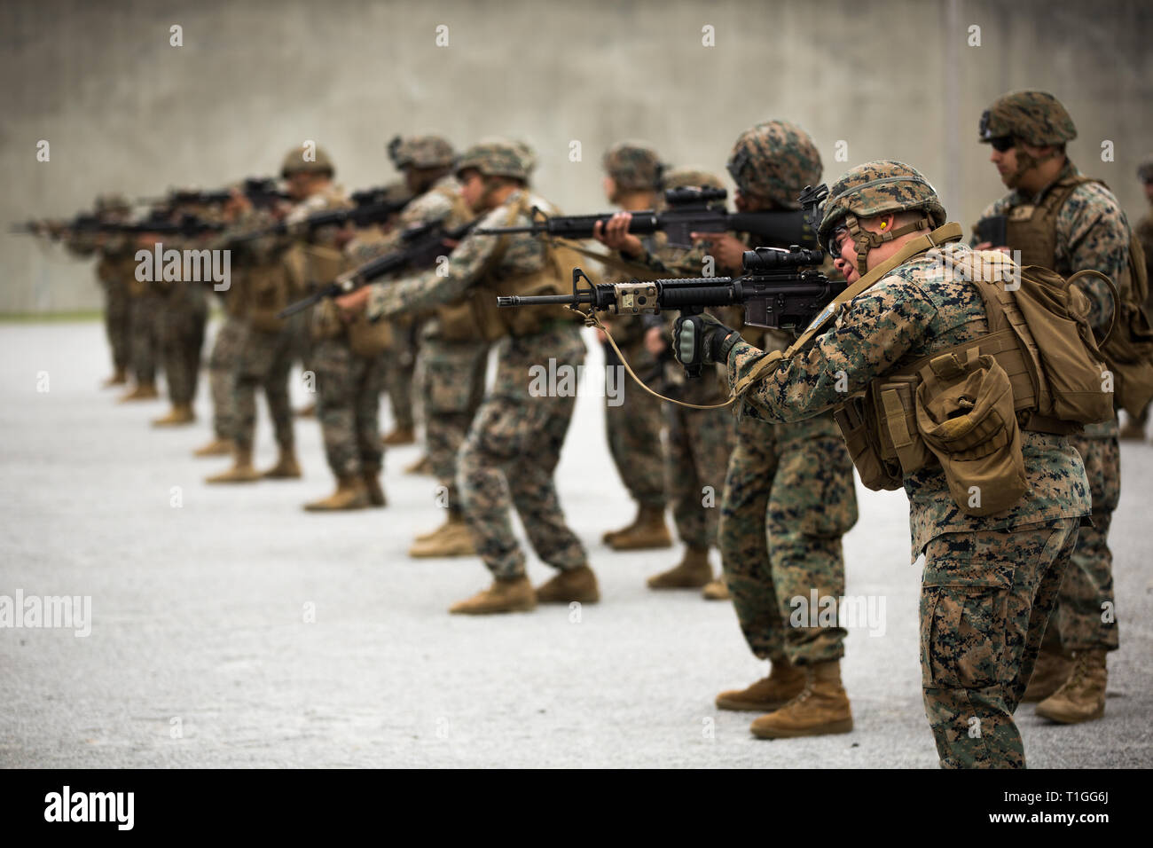 Us-Marines mit Communications Company, Headquarter Bataillon, 3rd Marine Division, führen Sie eine Treffsicherheit Schulung in Camp Hansen, Okinawa, Japan, Jan. 25, 2019. Der Kurs setzt die Marines zu schießen und auf Ziele, deren Abstände sind unbekannt. (U.S. Marine Corps Foto von Cpl. Josue Marquez) Stockfoto