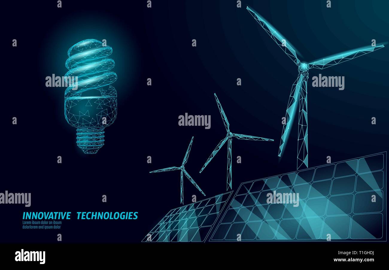 Leuchtstofflampen kompakt Glühlampe Windmühlen Idee Geschäftskonzept. Ökologie Umweltschutz wind grüne Energie für nachhaltige Energie. Blue Low Poly polygonalen Stock Vektor