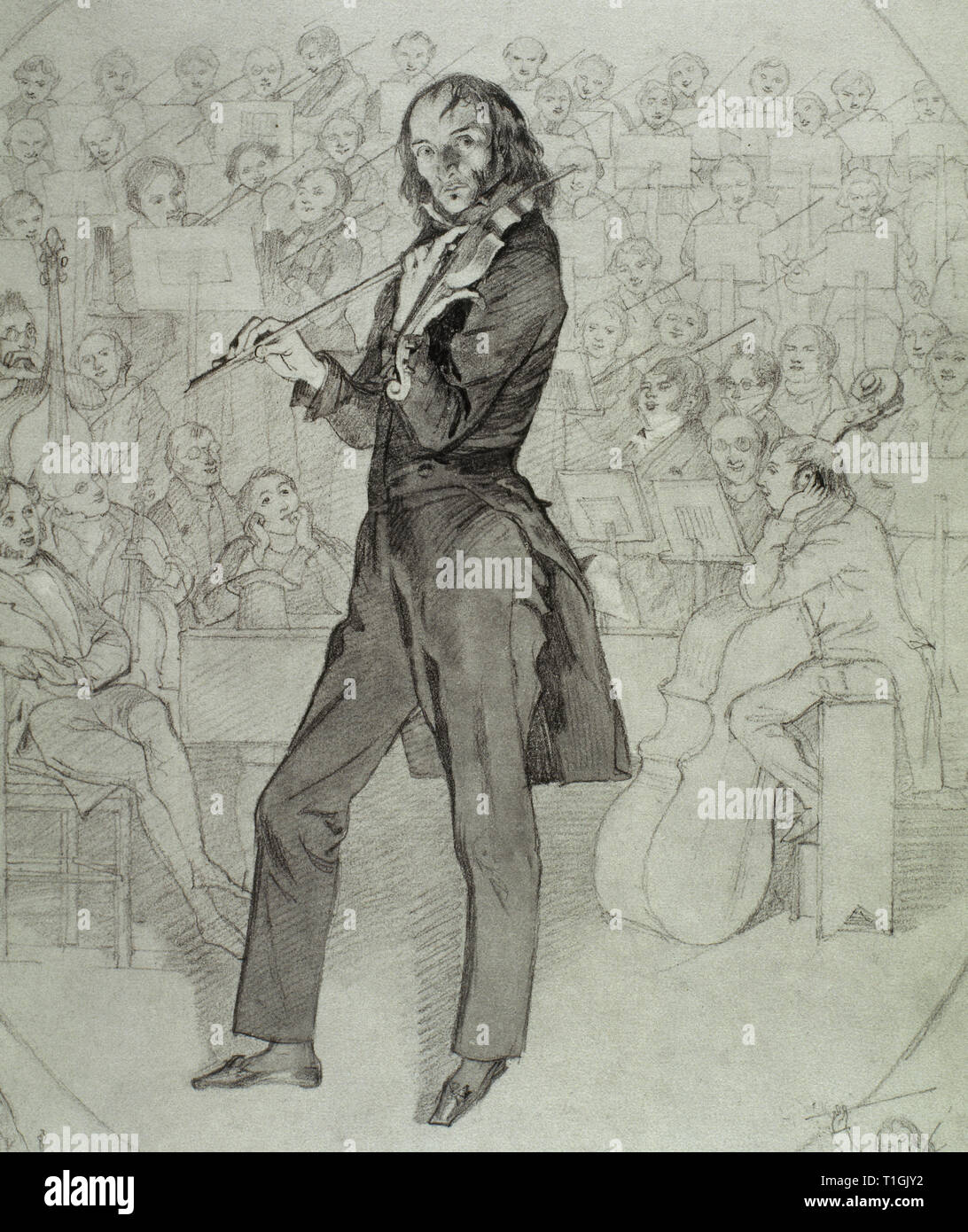Niccolo Paganini (1782-1840). Italienische Geigerin. Zeichnung von Daniel Maclise (1806-1870), 1831. Victoria und Albert Museum. London, England, Vereinigtes Königreich. Stockfoto