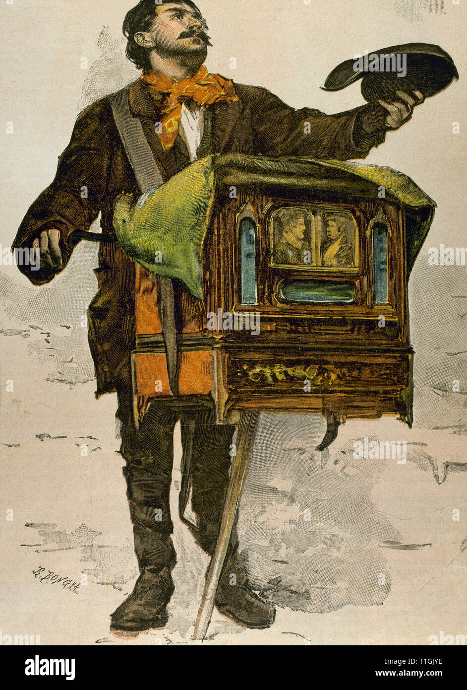 Die Orgel player. Aquarell von Stein. Gravur von R. Bong, 1894. Chromolitography. Stockfoto