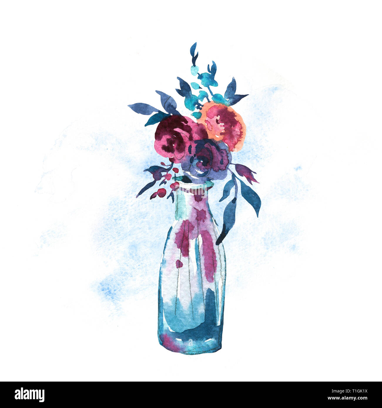 Aquarell gemalte Hand Flasche mit rote Rosen auf weißem Hintergrund. Boho schicken Stil Abbildungen, natürliche Grußkarte. Stockfoto