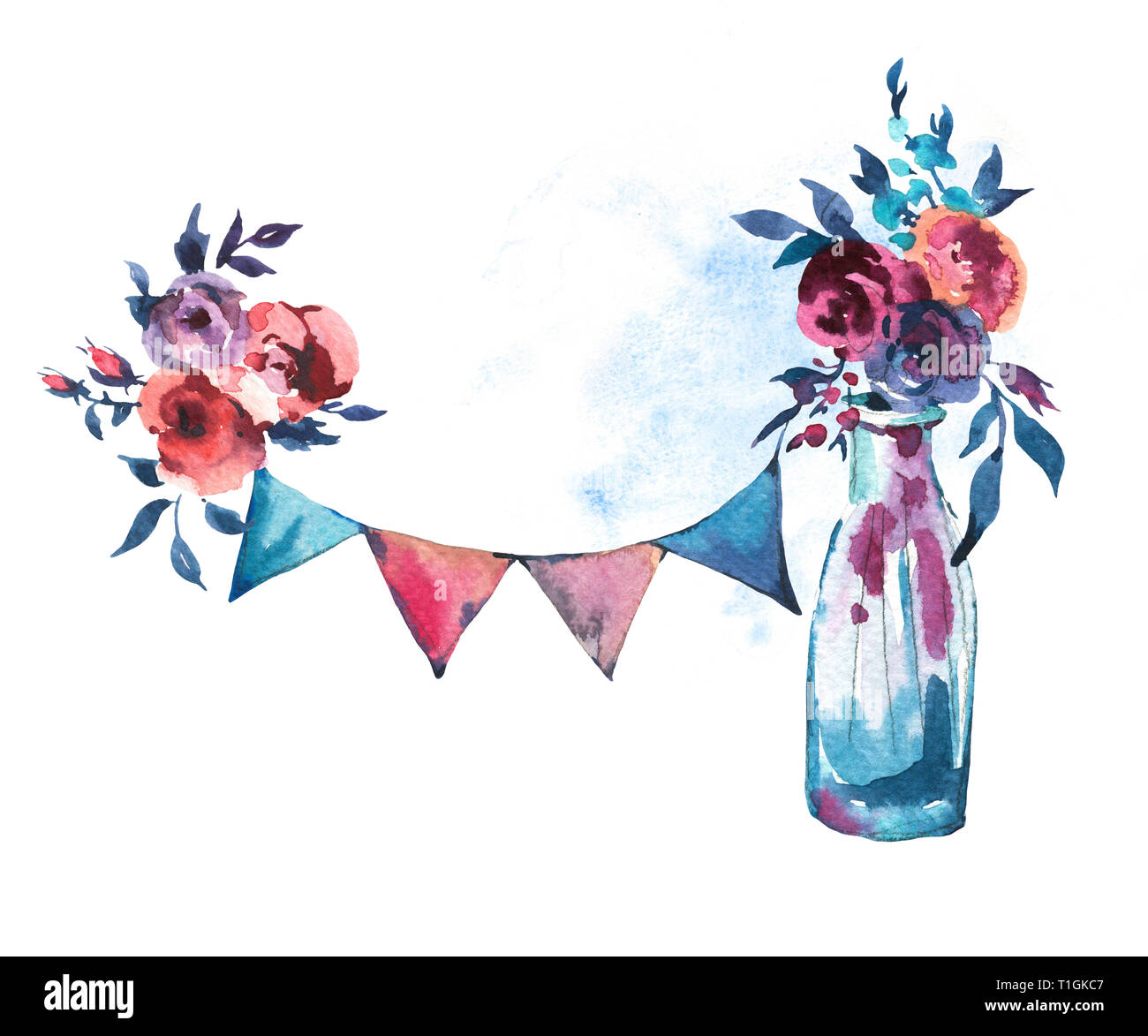 Aquarell gemalte Hand Flasche mit roten Rosen und Party Girlanden auf weißem Hintergrund. Boho schicken Stil Abbildungen, natürliche Grußkarte. Stockfoto