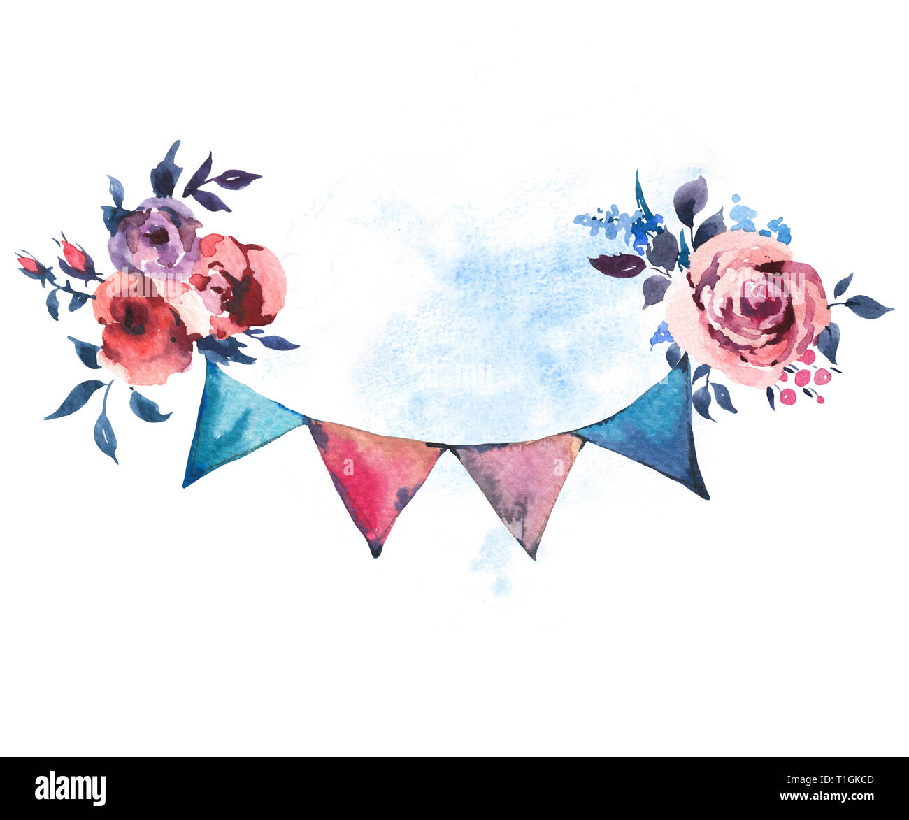 Aquarell von Hand bemalt, rote Rosen und Party Girlanden auf weißem Hintergrund. Boho schicken Stil Abbildungen, natürliche Grußkarte. Stockfoto