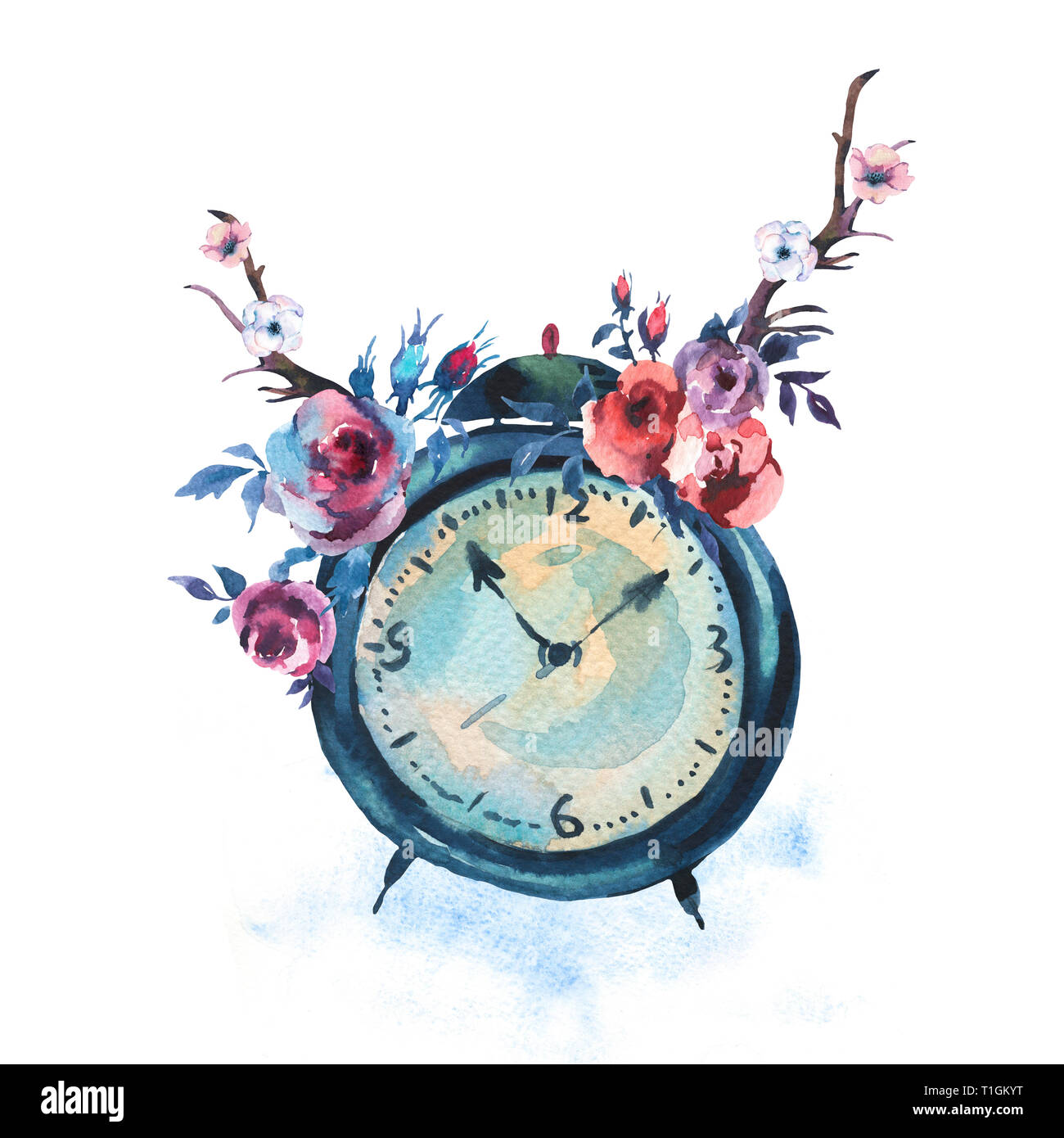 Aquarell Vintage Grußkarte mit Wecker, Blumen im böhmischen Stil isoliert auf weißem Hintergrund, florales Dekor Design Kollektion Stockfoto