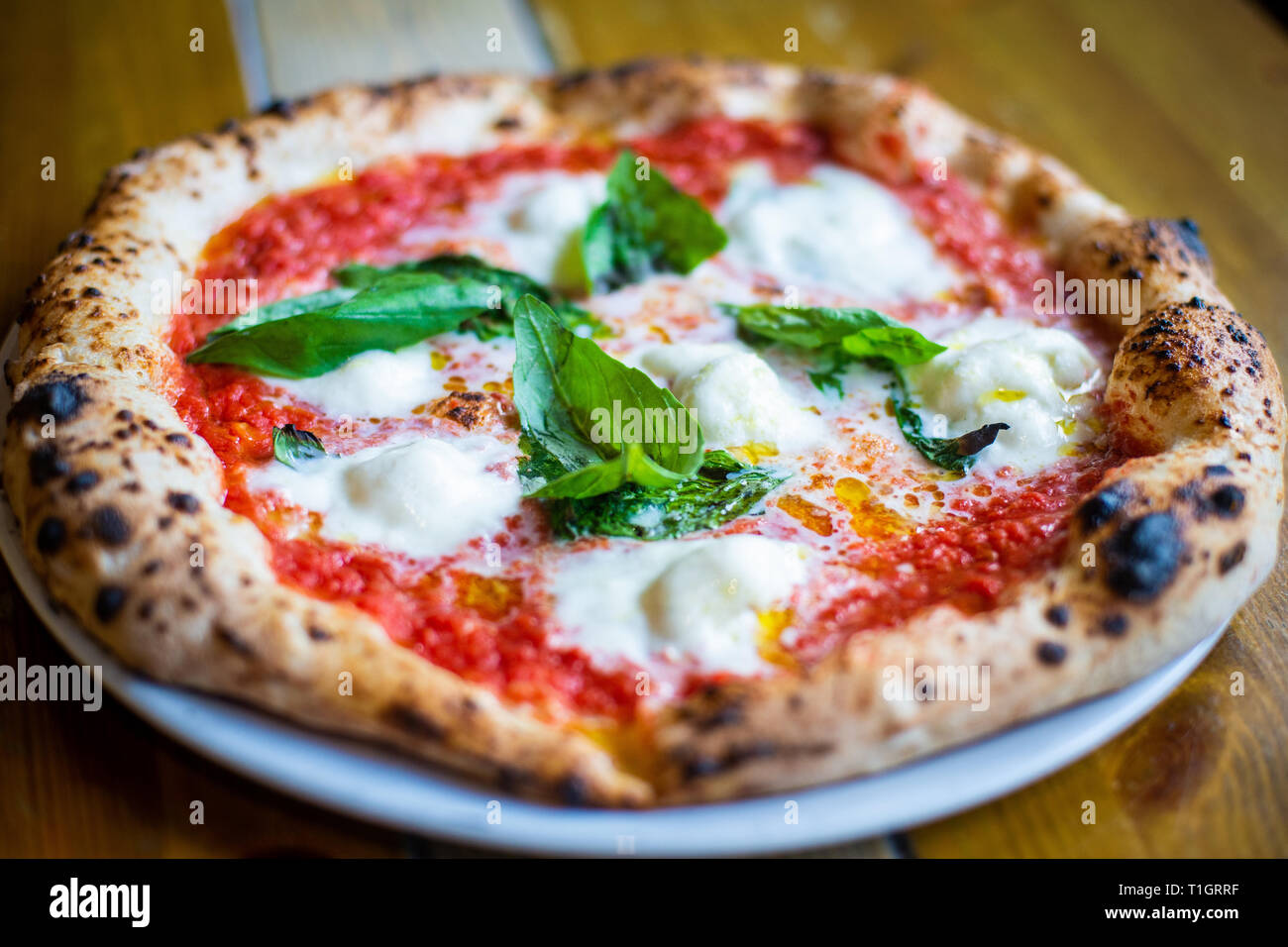 Nahaufnahme einer traditionellen italienischen neapolitanischer Holzofen Pizza Margherita Stockfoto