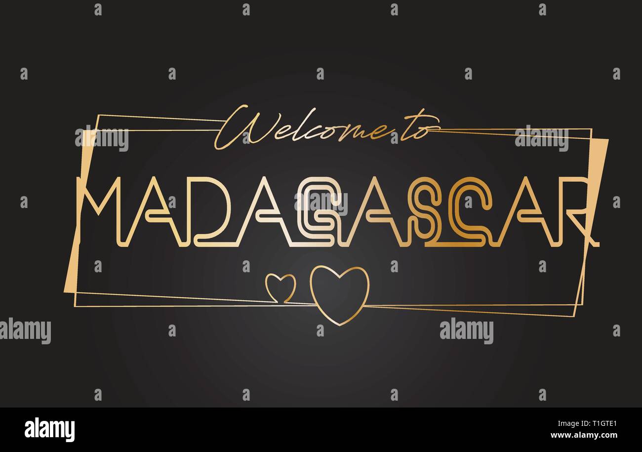 Madagaskar Willkommen bei Golden text Neon-Schriftzug Typografie mit Kabelgebundenen Golden Frames und Herzen Design Vector Illustration. Stock Vektor