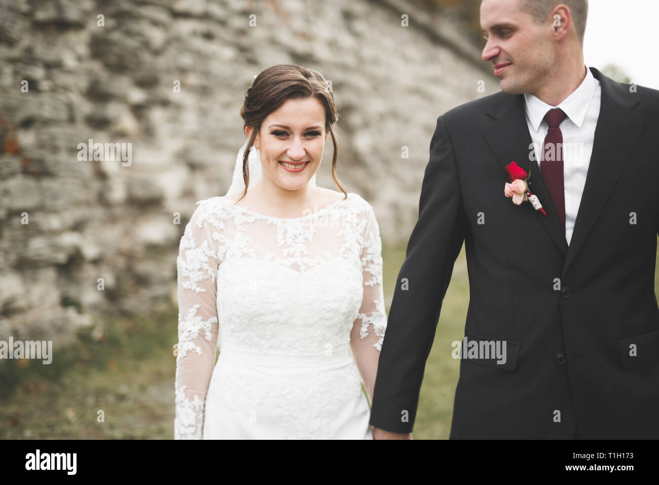 Erstaunlich sanft stilvolle schöne romantische kaukasischen Brautpaar auf dem Hintergrund alten Barockschloss Stockfoto