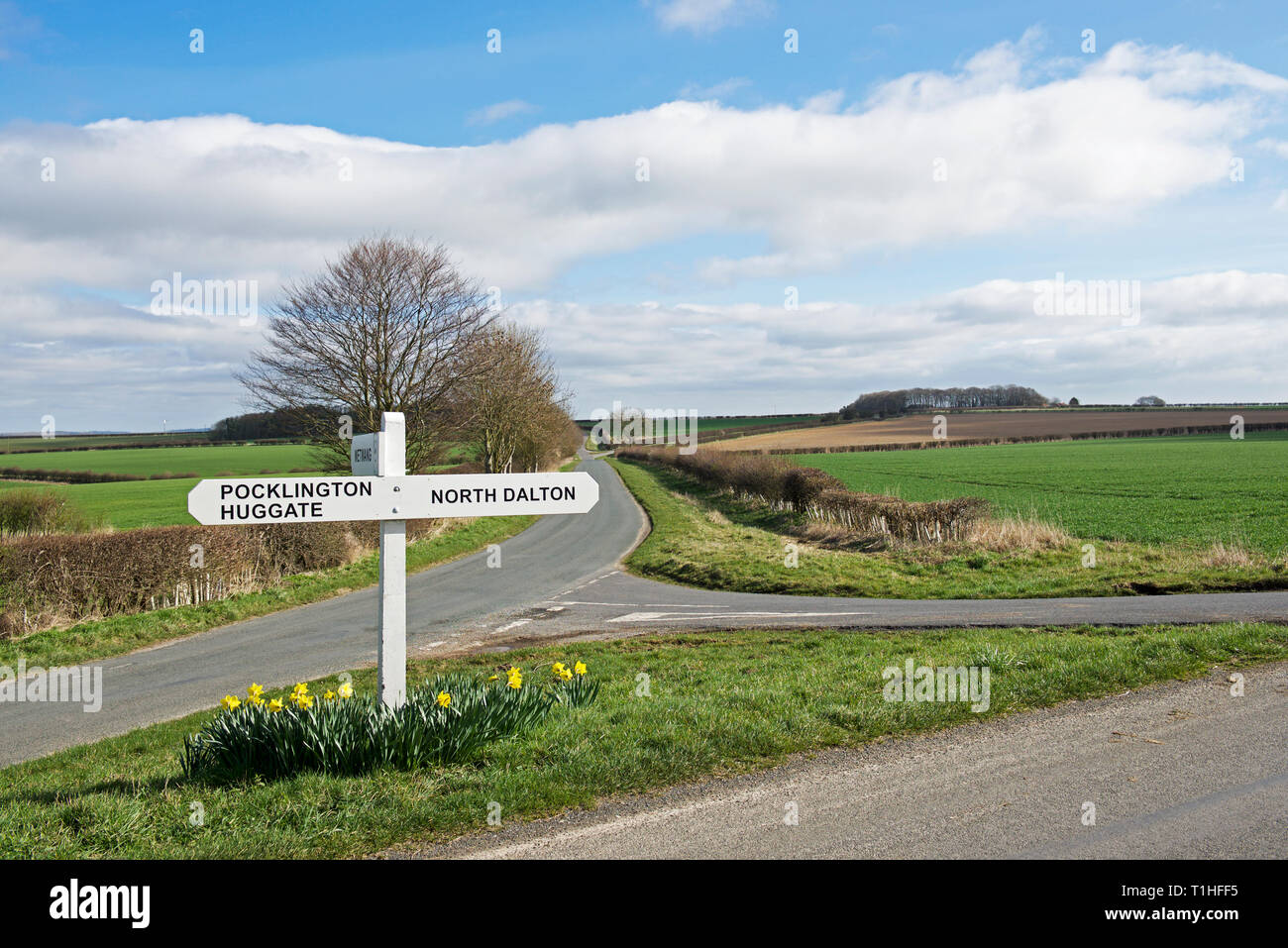 Kreuzung und Schild, in den Yorkshire Wolds, in der Nähe der Huggate, East Yorkshire, England, Großbritannien Stockfoto