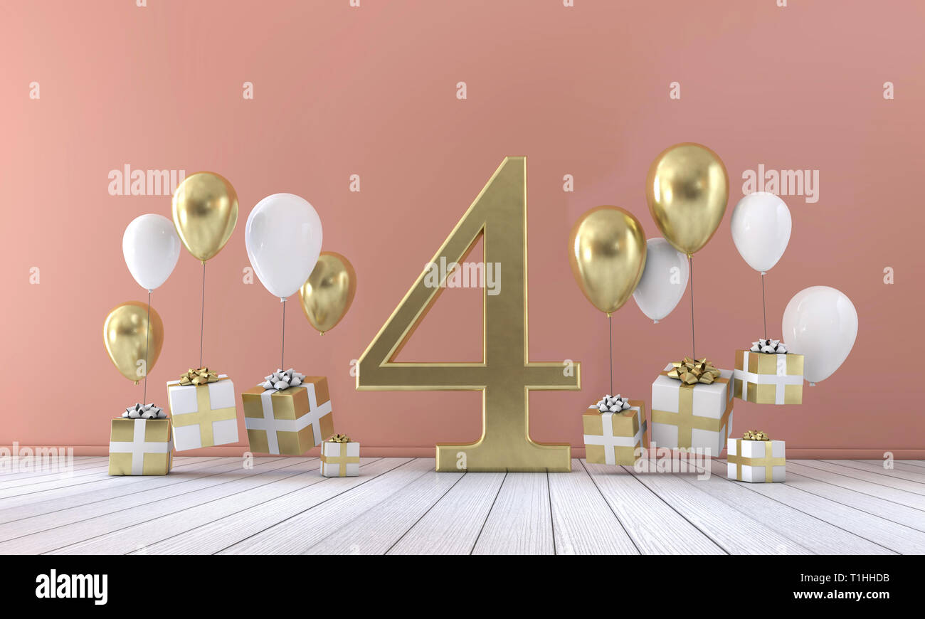 Nummer 4 Geburtstagsfeier Zusammensetzung mit Ballons und Geschenkboxen. 3D-Rendering Stockfoto