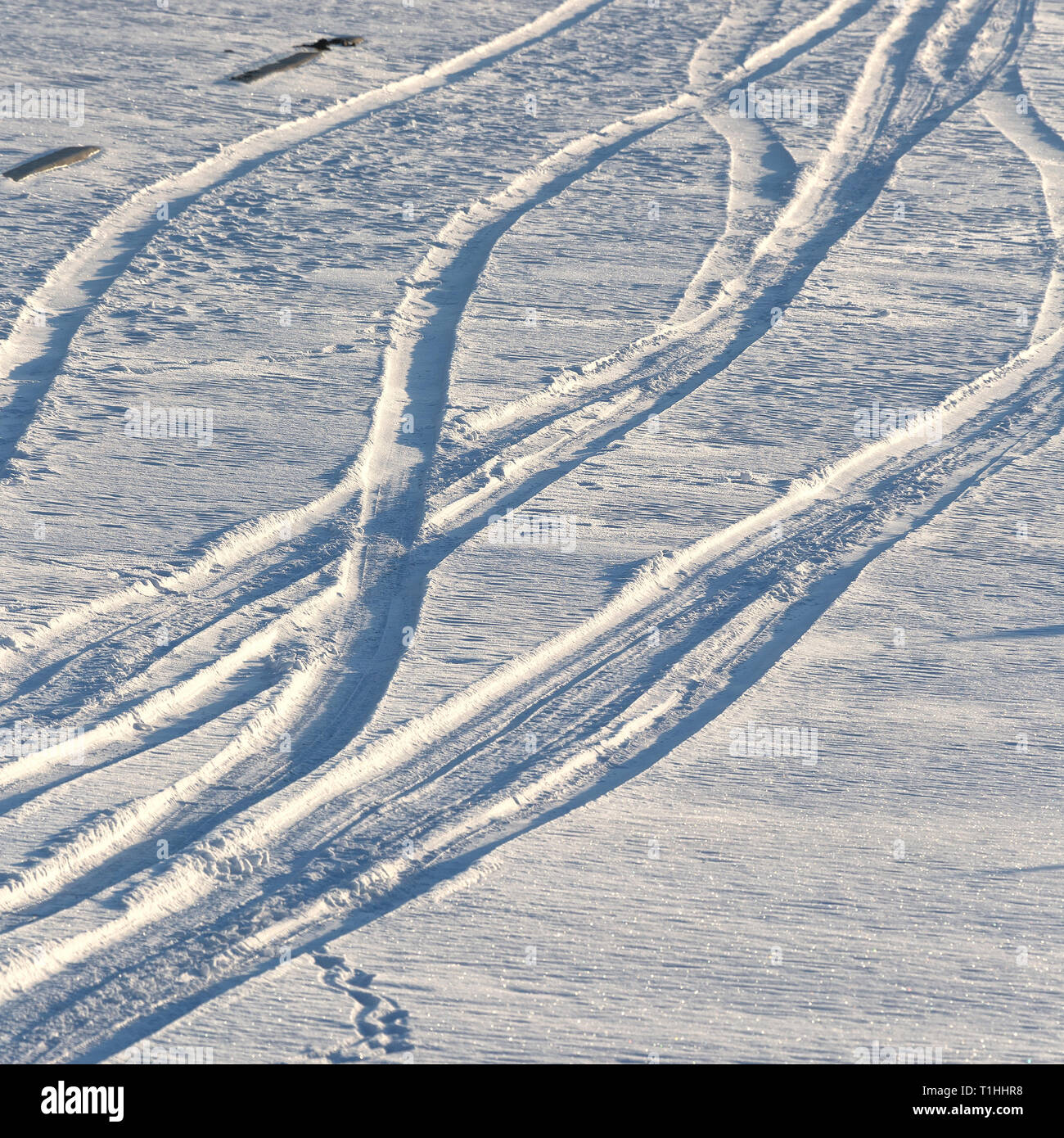 Reifenspuren Sie auf schneebedeckten Gebiet Stockfoto