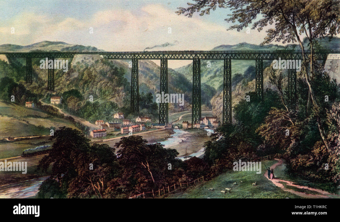 Eine farbige Lithographie von Crumlin Viadukt, Monmouthshire, von Newman & Co. veröffentlicht, c 1842. Die crumlin Viadukt wurde unter Leitung des Architekten Charles Liddell (1813-1894) gebaut und von Thomas Kennard (1825-1893) Der Viadukt als einer der technischen Wunder der Zeit, es wurde 1857 gebaut werden sollen. Es wurde die Newport, Abergavenny und Hereford Eisenbahn über Taff Vale in South Wales zu tragen. Stockfoto