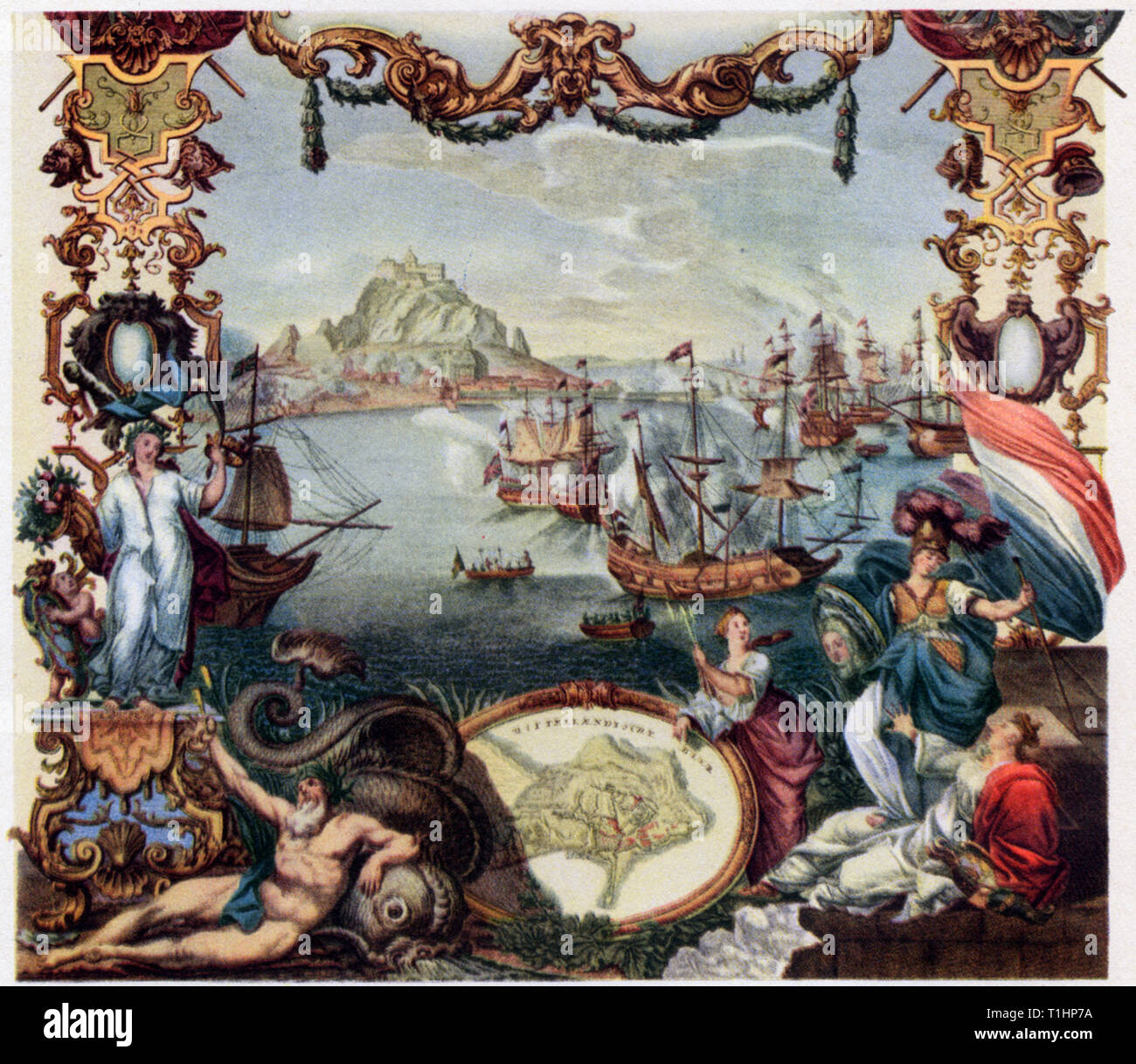 Die Erfassung von Gibraltar, 1704. Von Johann August Corvinus (1683-1738) und Paulus Decker der Ältere (1677-1713). Die Erfassung von Gibraltar durch anglo-holländischen Kräfte der Grand Alliance zwischen 1. und 3. August 1704, im Spanischen Erbfolgekrieg. Stockfoto