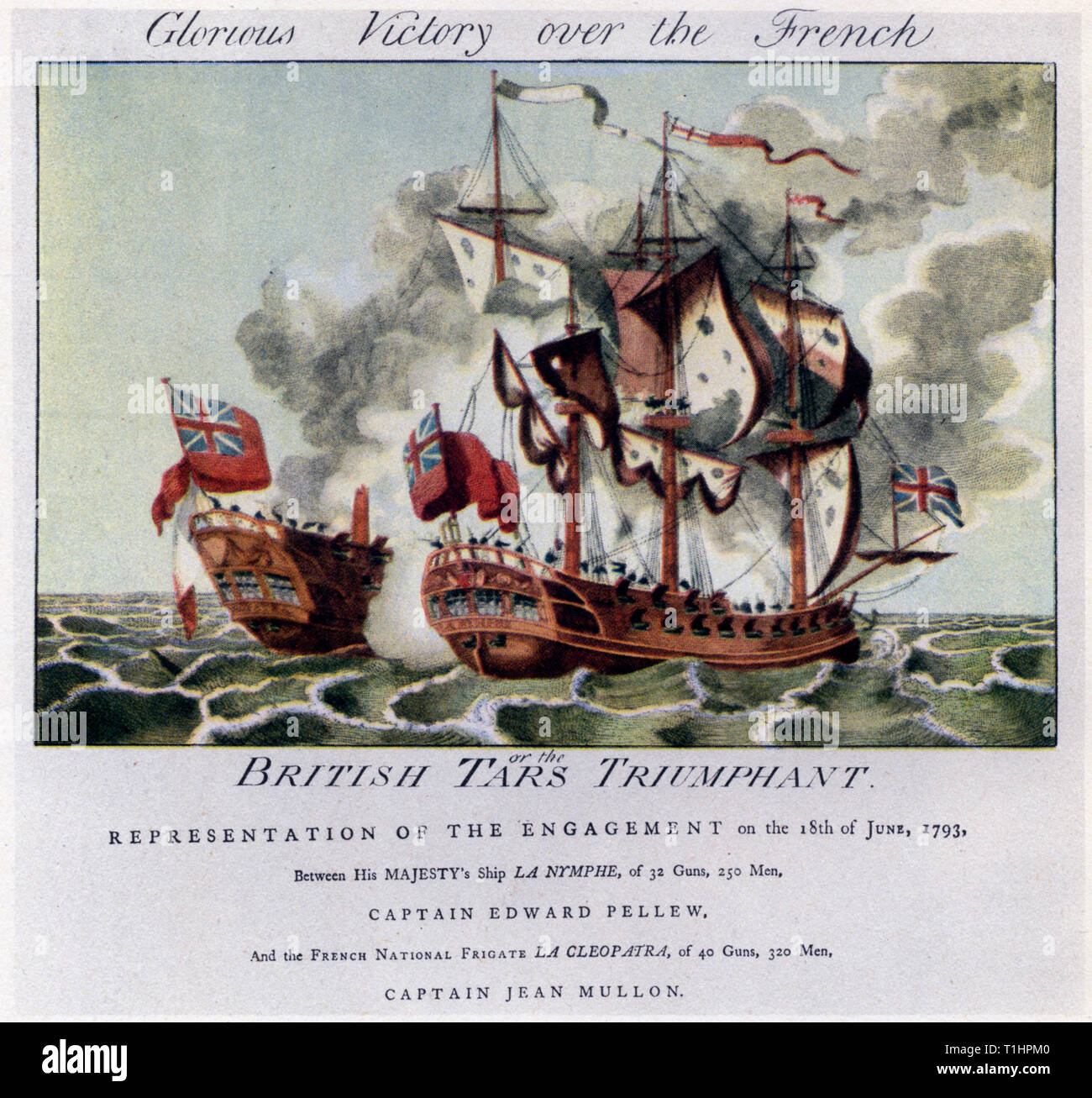 „Engagement zwischen der Nymphe und der Kleopatra, 18.. Juni 1793“. Von William Lane (1746-1819). Die Aktion vom 18.. Juni 1793 war die erste entscheidende und eine der berühmtesten Begegnungen zwischen britischen und französischen Fregatten während der französischen Revolutionskriege. Die Aktion ereignete sich vor dem Startpunkt in Devon, als die britische Fregatte HMS Nymph die französische Fregatte Cléopâtre traf und jagte. Stockfoto