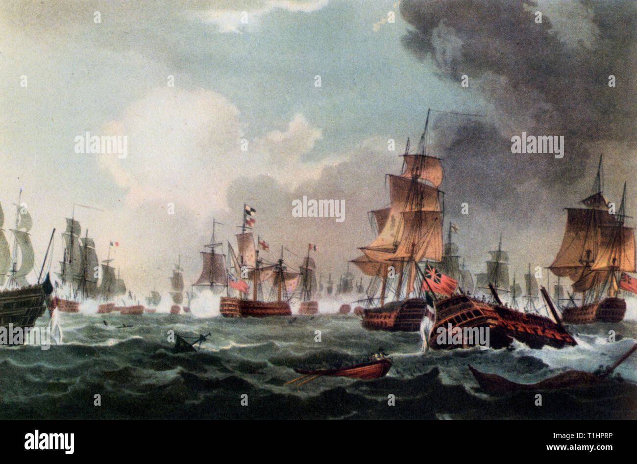 „Lord Howe's Victory, 1.. Juni 1794“. Von Thomas Sutherland nach Thomas Whitcombe (c1752-1824). Für John Jenkins' 'The Naval Achievements of Great Britain, from the Year 1793 to 1817'. Admiral Howe (1726-99) besiegte die Franzosen in der Schlacht am glorreichen 1. Juni. Die Engländer eroberten ein Drittel der französischen Schiffe. Stockfoto