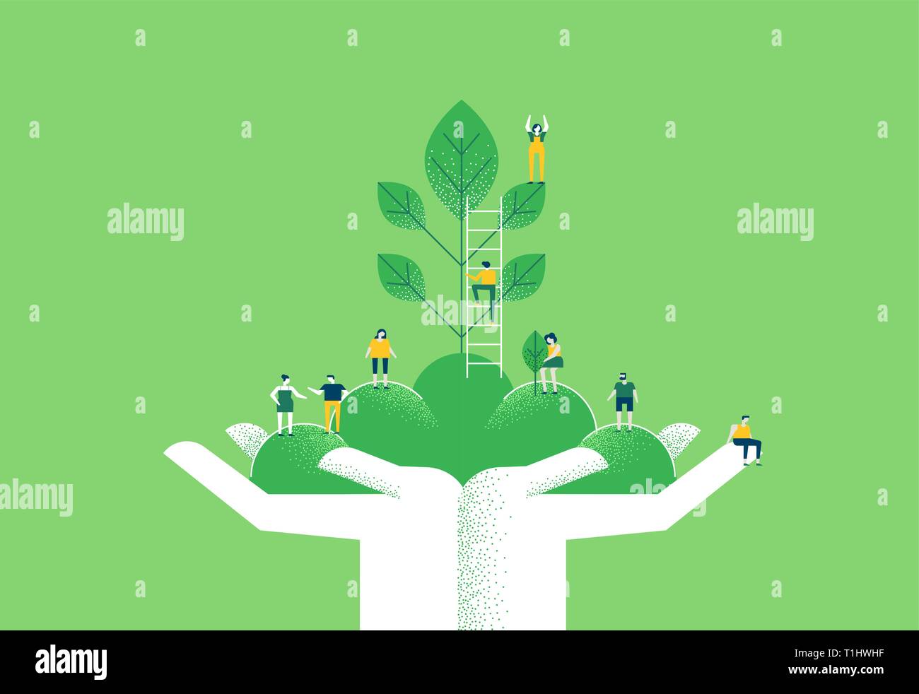 Menschliche Hände mit kleinen Menschen team und grüne Pflanze Blätter für umweltfreundliche Umwelt Care Concept oder sozialen Bewusstsein Abbildung. Stock Vektor
