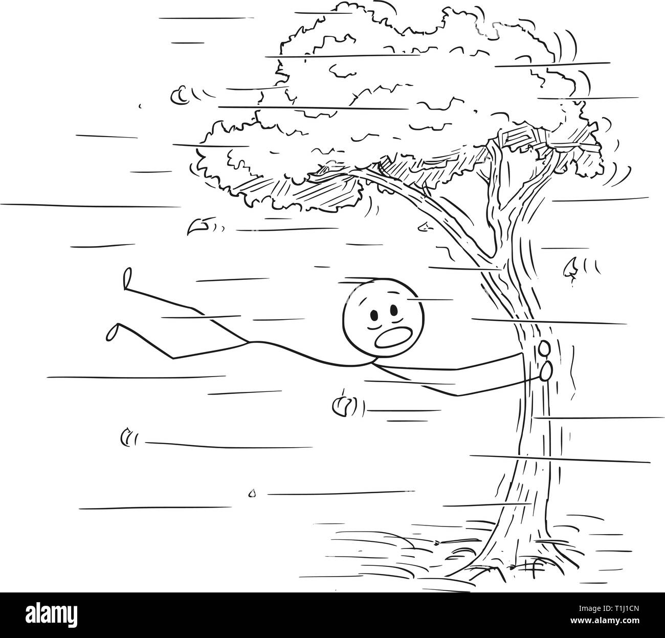 Cartoon Strichmannchen Zeichnen Konzeptionelle Darstellung Der Mann Mit Baumstamm Und Fliegen Bei Wind Oder Sturm Stock Vektorgrafik Alamy