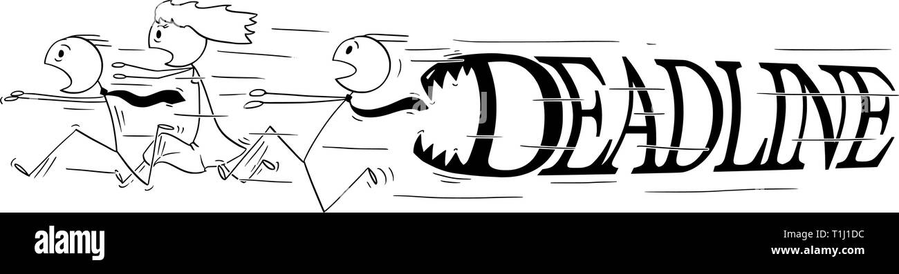 Cartoon Strichmännchen Zeichnen konzeptionelle Darstellung der Gruppe von Geschäftsleuten in Panik mit großen Termin Text oder Buchstaben mit Zähnen ihn jagen ihn zu verschlingen. Stock Vektor