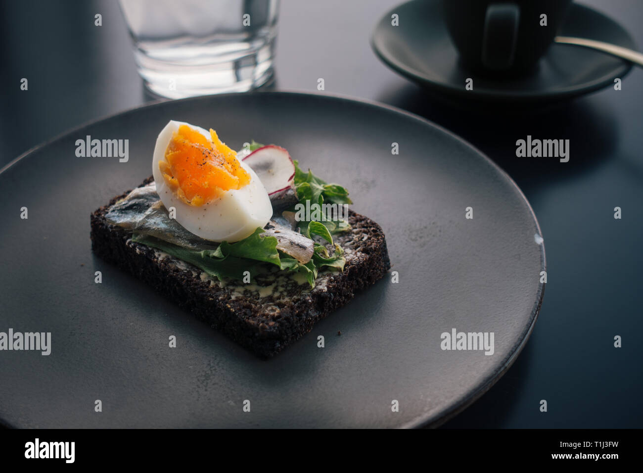 Eine traditionelle estnische Sprotte Sandwich (kiluvõileib) - baltischen Sprotte Fisch und gekochtem Ei Scheibe, auf dunkle Roggenbrot mit Beilagen serviert. Stockfoto