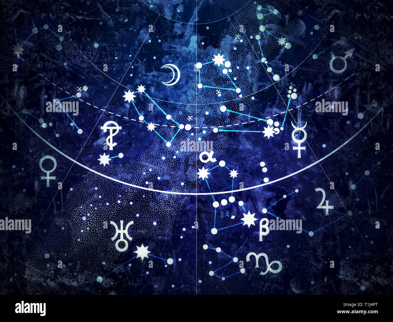 Fragment der Astronomischen Celestial Atlas der Nacht Sterne Himmel mit Planeten (Alternative UV-Blueprint Tinte grunge vintage Remake). Stockfoto