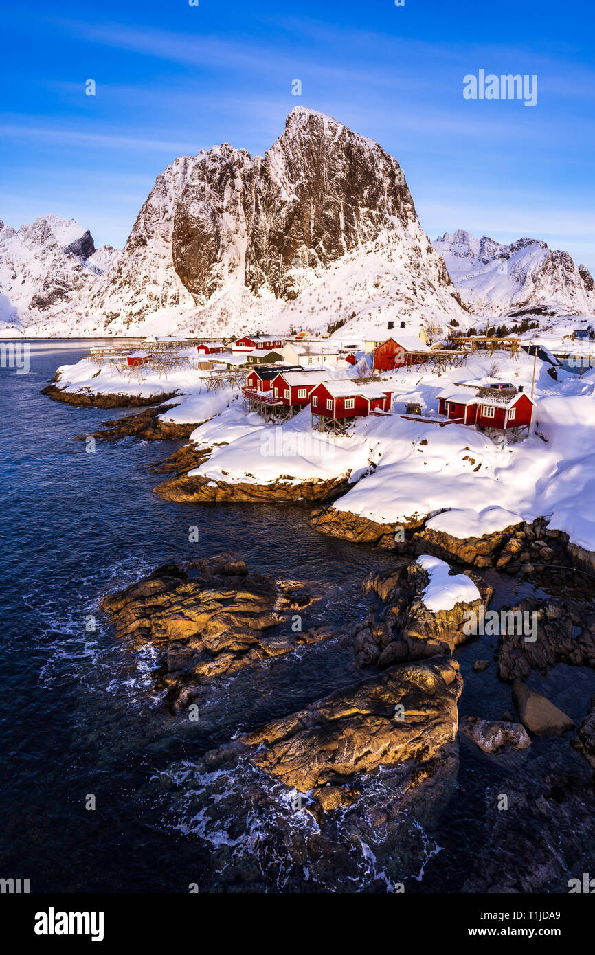 Hamnoy Dorf im Winter Jahreszeiten, Lofoten, Norwegen Stockfoto