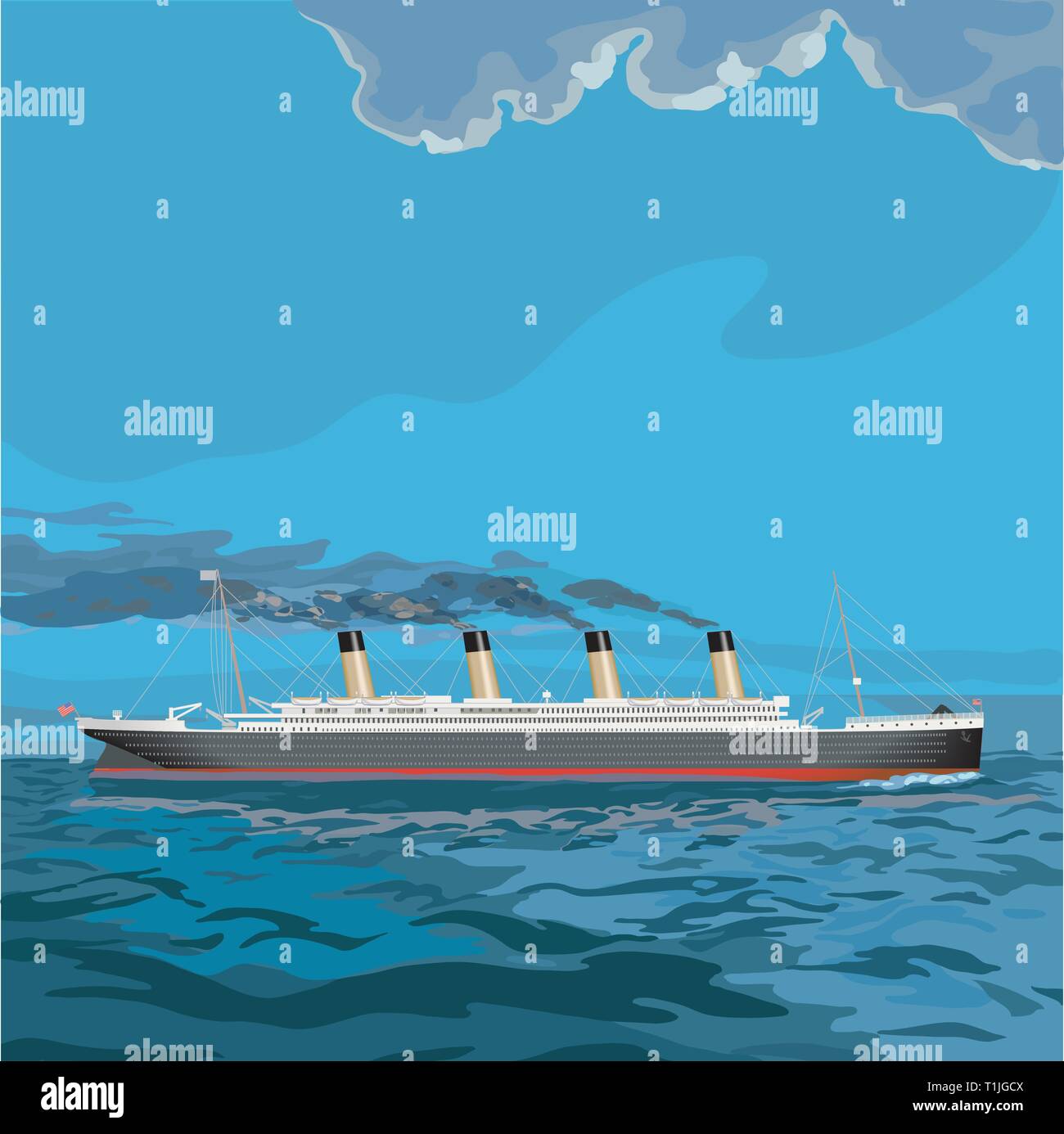 Titanic, vintage Dampf schiff Abbildung mit schwarzen Rauch aus Gießen ist es stapeln, wie sie über das Meer tuckert. Stock Vektor