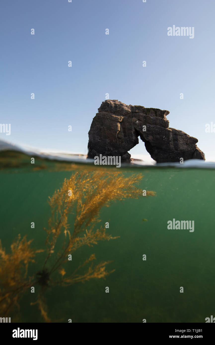 Am frühen Morgen Sonnenaufgang in South Devon. Dieses schöne Felsen steht draussen auf dem Meer bewachen South Milton Sands, Thurlestone Stockfoto