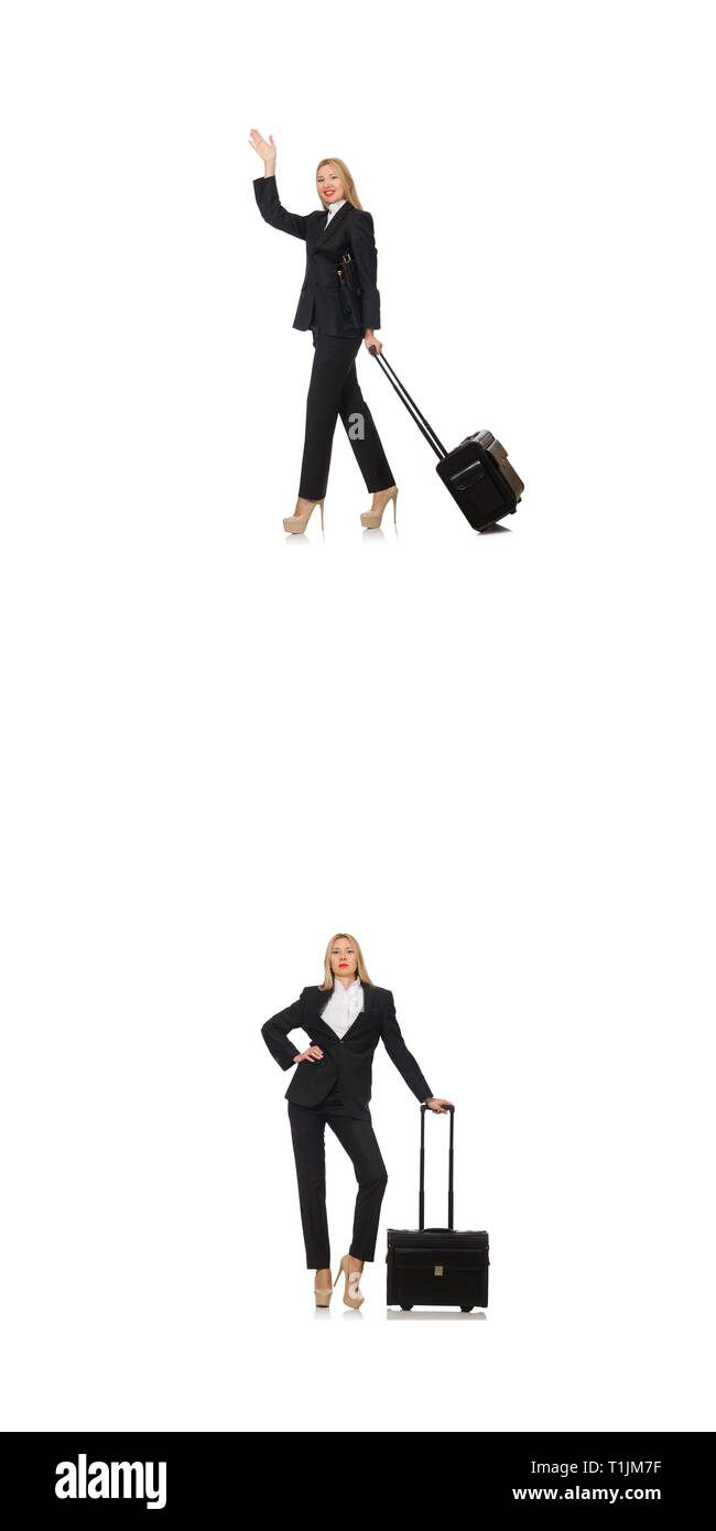 Geschäftsfrau mit Koffer isoliert auf weißem Stockfoto
