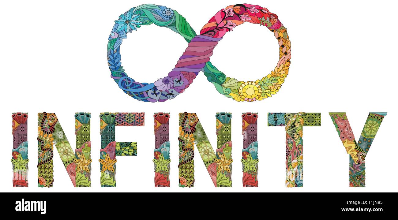 Handgemalte Kunst Design. Abbildung Wort INFINITY mit Zeichen der Unendlichkeit für t-shirt und andere Dekoration gezeichnet Stock Vektor