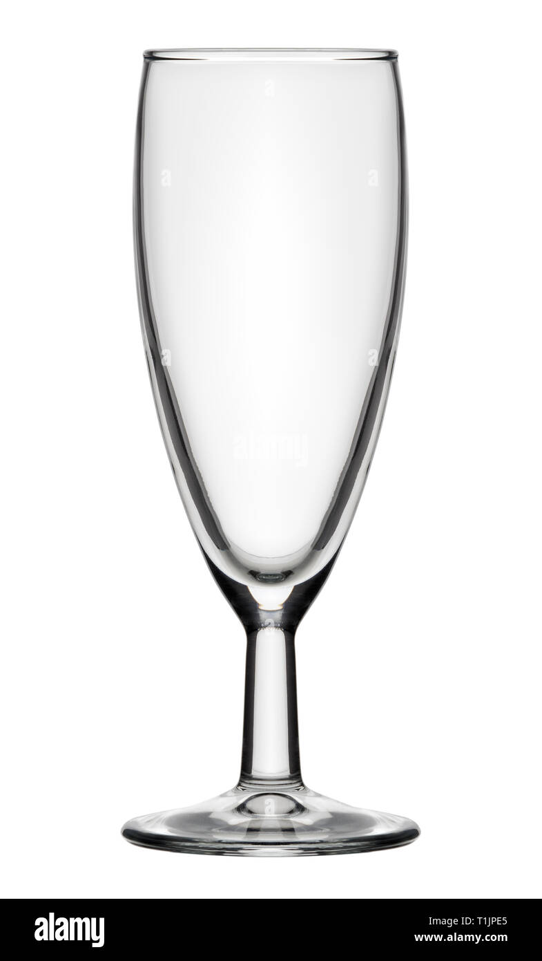 Isolierte Objekte: einzelne leere Champagner Flöte Glas, auf weißem Hintergrund Stockfoto