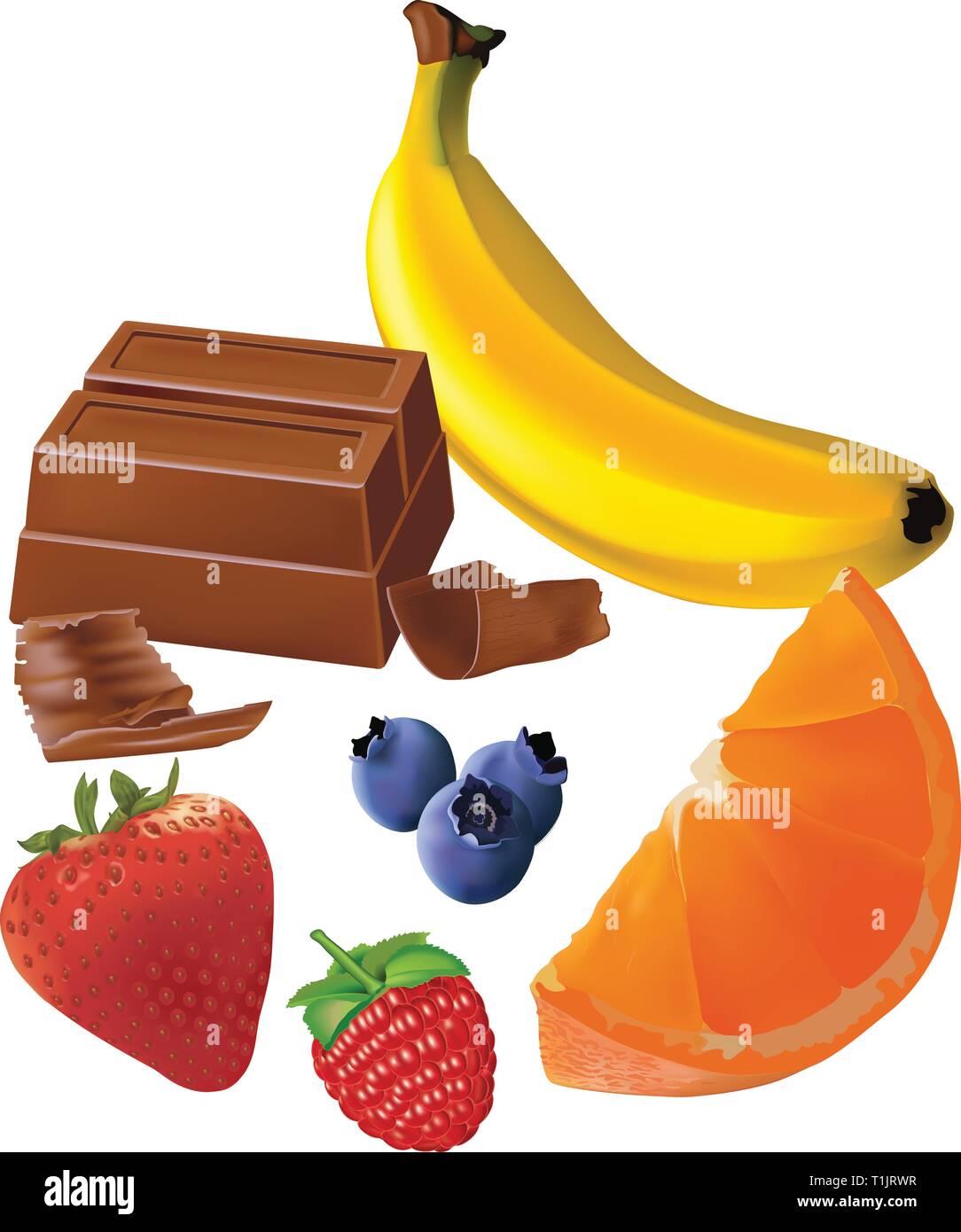 Obst & Schokolade Quadrate mit Bananna Erdbeere Heidelbeere Himbeere Orange & Stock Vektor