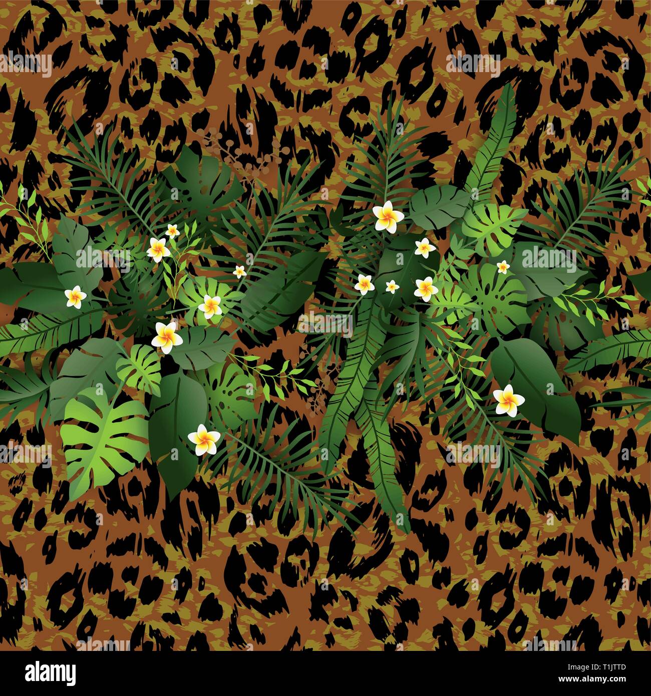 Nahtlose Muster exotische Floral Background. Tropische Blumen und Blätter auf die tierische Haut Kulisse. Grün und Leopard Print nahtloses Design Stock Vektor