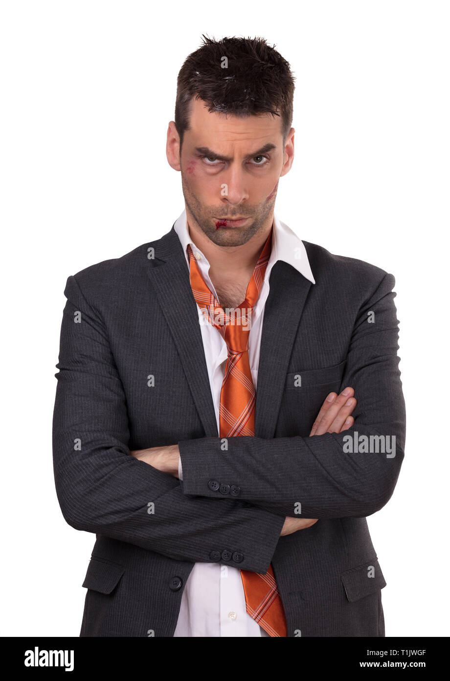 Nahaufnahme von einem Geschäftsmann mit blutigen Lippe, geschlagen und verletzt, isoliert Stockfoto