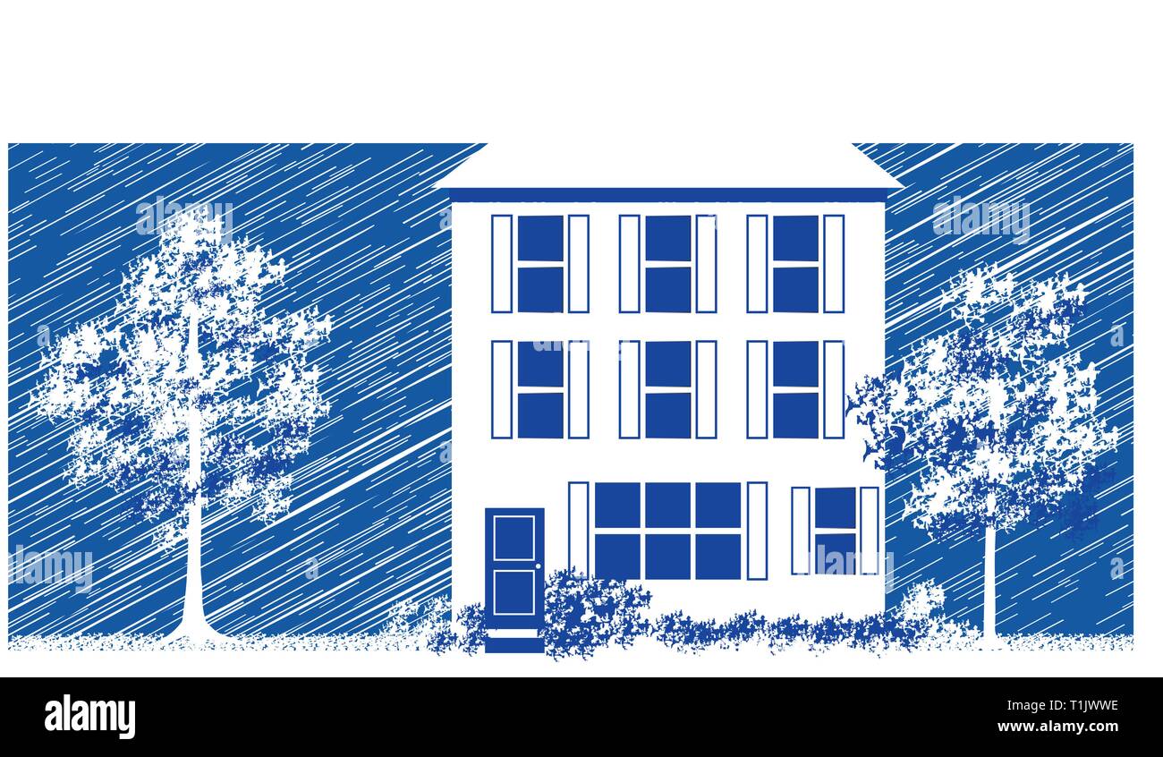 Haus, Eigentumswohnung, oder Apartment Komplex mit Fensterläden, Bäume und eine trübe stürmischen Hintergrund Stock Vektor