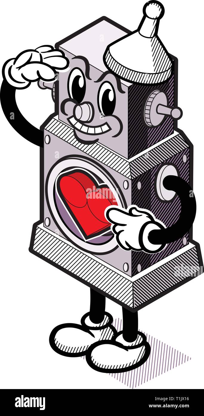 Lächelnd Roboter salutierte und verweist auf sein Herz Stock Vektor