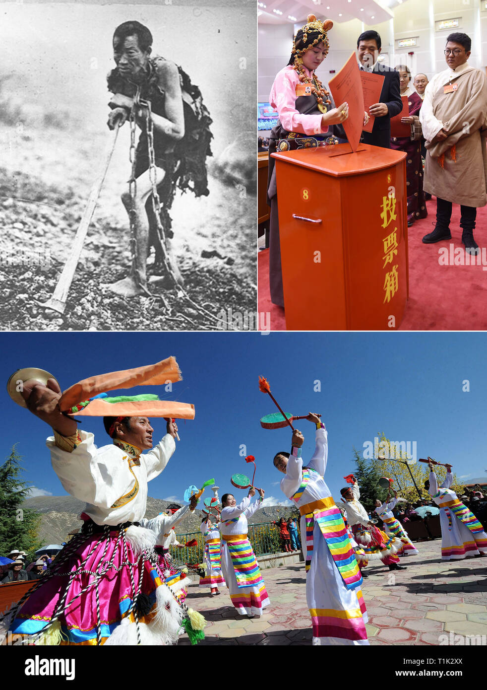 (190327) - Peking, 27. März 2019 (Xinhua) - Oben links Foto zeigt einen Slave gezwungen, in Ketten zu arbeiten, weil Sklavenhalter im alten Tibet nicht Sklaven, weg zu laufen. Obere rechte Foto von Chogo auf Jan. 30, 2018 zeigt einen Stellvertreter des regionalen Menschen Kongress, der auch ein Nachkomme von Leibeigenen, ihre Stimmabgabe bei der jährlichen gesetzgebende Sitzungen der Autonomen Region in Lhasa. Der untere Teil Foto von Chogo am Okt. 2, 2010 zeigt Senioren der Tibetischen ethnische Gruppe feiert den 61. Jahrestag der Gründung der Volksrepublik China. Stockfoto