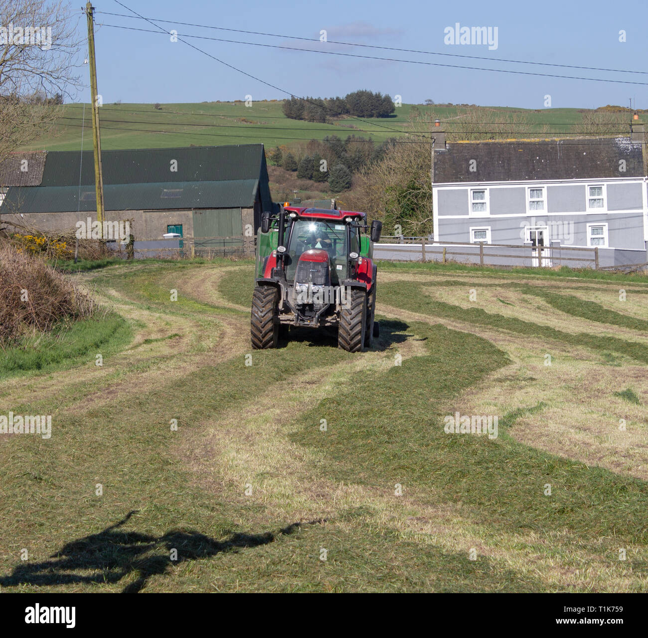 Castlehaven, West Cork, Irland, 27. März 2019. Ein weiteres schönes Frühlings und das warme Wetter hat einen lokalen Landwirt sein erstes der Jahreszeit Silage ausschneiden und in Ballen zu erhalten. Credit: aphperspective/Alamy leben Nachrichten Stockfoto