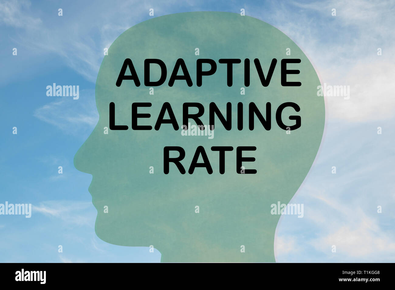 Render Abbildung von adaptiven LERNRATE Titel auf dem Kopf silhouette, mit bewölktem Himmel als Hintergrund. Stockfoto