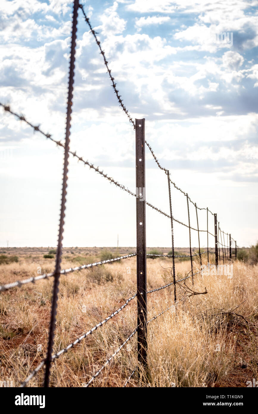 Rostigem Stacheldraht zaun in der Landschaft von Südafrika Stockfoto